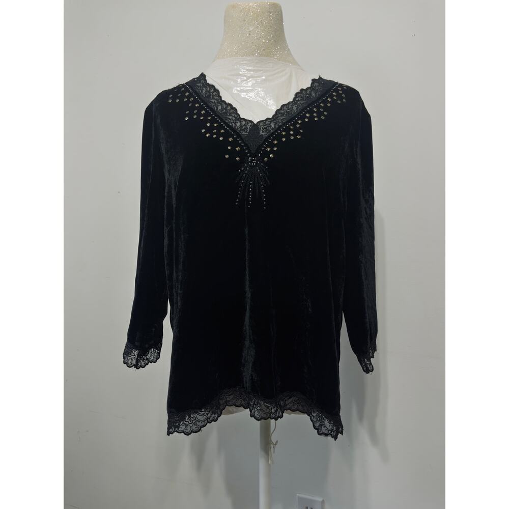 Multiples black velvet blouse sz L lace coquette whimisigoth dark romantic Y2K